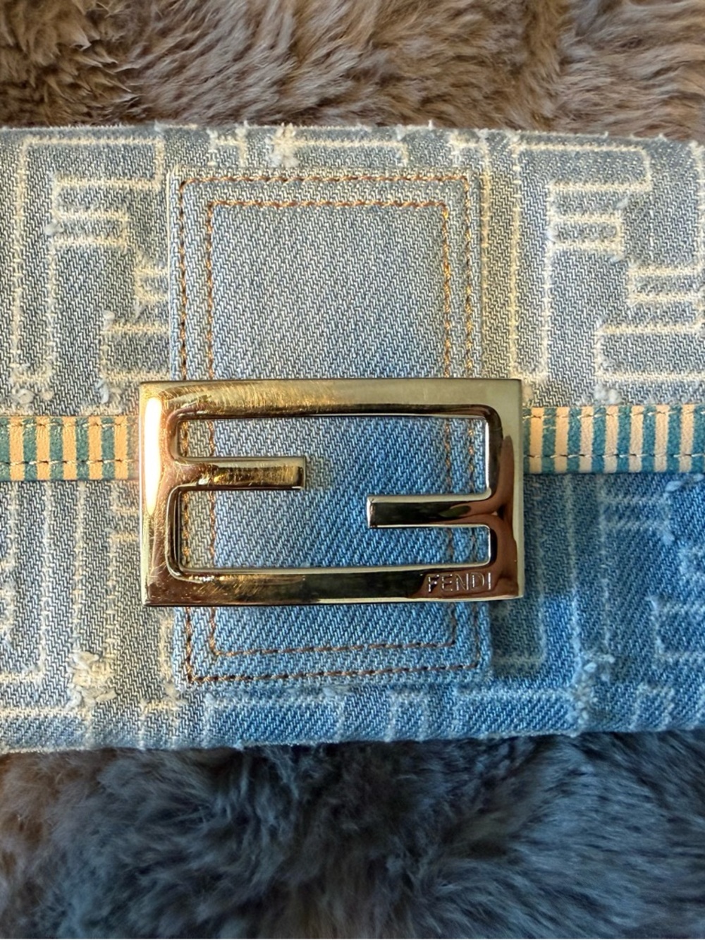 Fendi Denim FF Logo Buckle Belt Bag in Light Blue with Gold Hardware